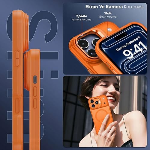 Babilden iPhone için Kılıf Kamera Korumalı Magsafe Wireless Şarj Özellikli Mat Şeffaf Renkli Standlı Kılıf (Lens Hediyeli) (Turuncu, iPhone 17 Pro Max) - Görsel 8