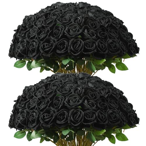 DuHouse 50Pcs Fake Black Roses Artificial Flowers Fake Velvet Rose Bulk Artificial Roses Bouquet with Long Stems for Wedding Party Arrangement Centerpiece Decorations(Black)