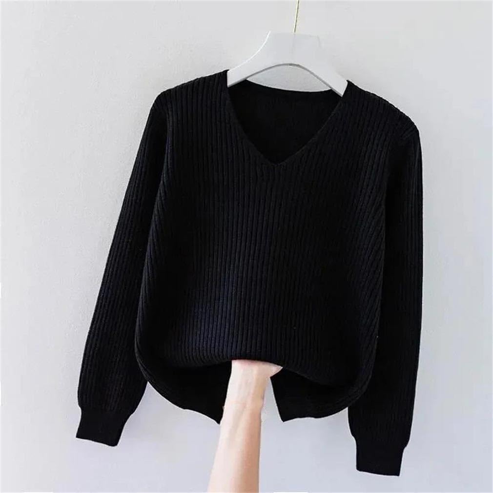Women Sweater V-Neck Long Sleeve Knitted Sweaters Solid Casual Jumper Bottoming Pullovers Top