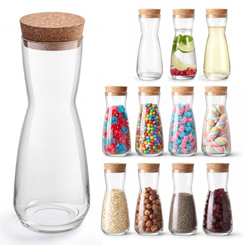 Murago - 12er Set Mini Glas Karaffen mit Korkdeckel 330 ml – Vorratsglas Aufbewahrungsglas Dekoglas Wein Dekanter kleine Vase Bonbon Gläser Candy Bar Nüsse Süßigkeiten Gewürzglas Glasflasche Deckel