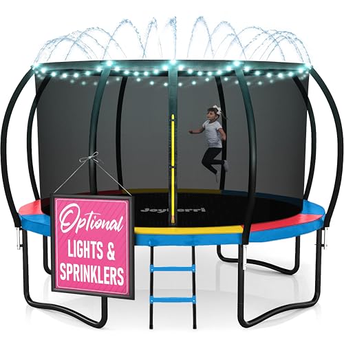 Image of JoyBerri Upsurge Trampoline Outdoor - ASTM Certified Safe 8Ft 10Ft 12Ft 14Ft 15Ft 16Ft Recreational Trampoline for Kids and Adults. Anti-Rust Coating with Enclosure Net, Ladder, Sprinkler & LED Lights