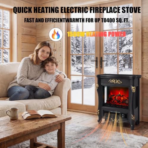 Image of FESTIVITY 18 inch Electric Stove Fireplace, 1500W Thermostat with 5100 BTU Heat Output, Adjustable Flame & Brightness Levels, Portable Electric Fireplace for Bedroom & Living Room-Black & Gold
