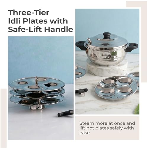 Image of Lifelong Idli Cooker 3 Plate with Sandwich Bottom | 12 idlis | Stainless Steel Idli Cooker, Heavy Base Induction and Gas Stove Compatible Idli Maker (LLIDCKSB03, Steel Silver)