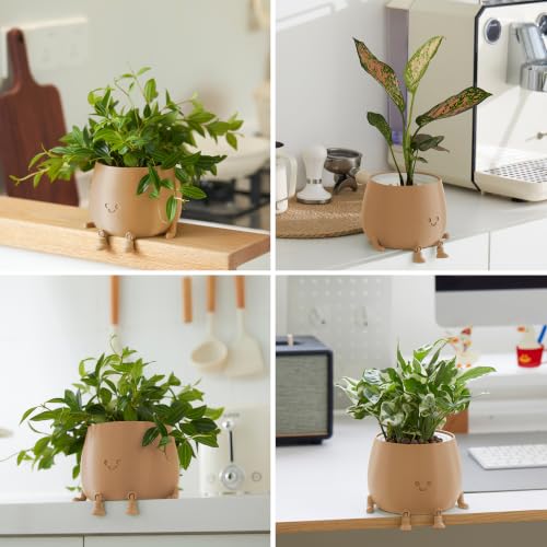 Image of TOPOLA 5.2 Inch Hydroponic Happy Face Planter with 3 Interchangeable Grow Baskets, Water Culture Pot for Pothos, Lucky Bamboo & Plant Propagation, Decorative Desktop Planter for Home & Office, Khaki
