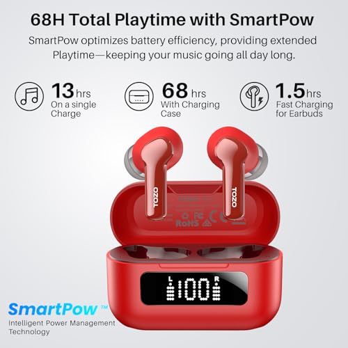 Image of TOZO Hybrid Active Noise Cancelling Wireless Earbuds 6 Mics AI Clear Call | 68H Playtime LED Display 32 Preset EQs App Bluetooth 5.3 IPX8 Waterproof Ear Buds