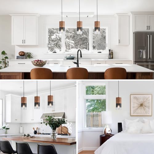Image of 2-Pack Modern Pendant Lights for Kitchen Island, Adjustable Black Pendant Light Fixtures with Brown Wood Grain, Industrial Glass Pendant Lights for Dining Table Hallway Bedroom Living Room