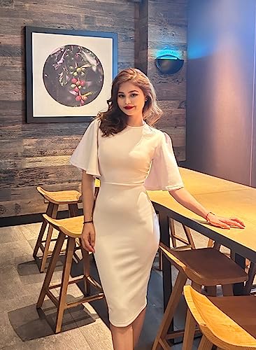Image of Memoriesea Women's Basic Bodycon Ruffle Flared Short Sleeve Pencil Midi Dress
