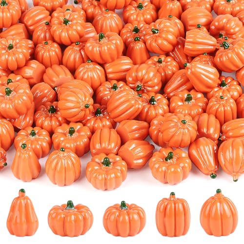 YiYa 90Pcs Mini Pumpkin Decorations Fall Harvest Mini Pumpkins Miniature Resin Pumpkins for DIY Vase FillerThanksgiving Fall Home Wedding Decor (Orange)