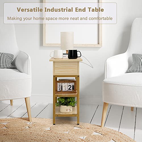 Hadulcet Side Table With Charging Station, Flip Top End Table With Storage Shelf For Living Room Bedroom Small Space Gold & Beige #TOP2