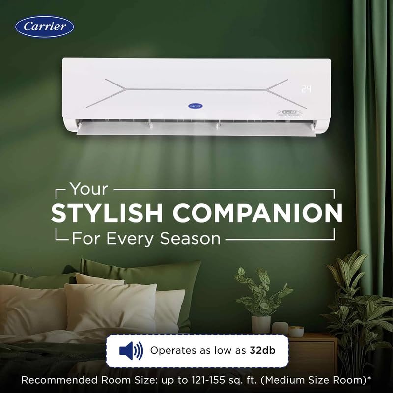 Carrier XCEL EDGE Fxi Indoor Unit in a bedroom setting, highlighting low noise operation (32dB) and recommended room size