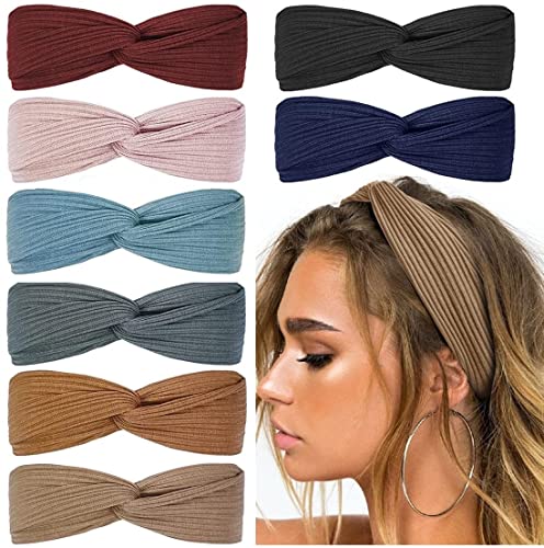 Huachi Summer Headbands for Women Short Hair Boho Twist Knot Head Band Elastic Hair Bands for Women’s Hair Cute Wrap Headbands Fashion Hair Accessories, Solid Color Color, 8Pcs