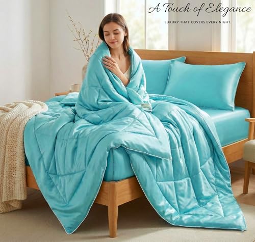Image of SANMARINO 300 TC Satin Silk AC Comforter Set King Size Double Bed with 1 Fltted bedsheet & Two King Pillow Covers, 4 Pieces Bedding Set (90x100 inch & 72x78 inch, Light Blue)