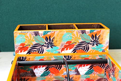 Image of Monstera Hut Tangerine Twist 4 Compartment Modern MDF Wooden Cutlery Holder Spoon, Knife, Fork, Caddy Self Organizer Home Kitchen Dining Cum Cutlery Holder(10x7.5x4 Inches) | 25x19x10cm