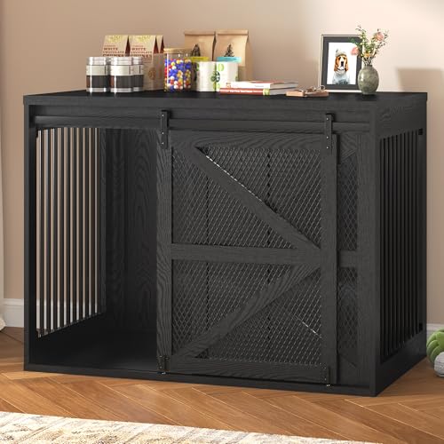 jiteentarou 47In Farmhouse Dog Crate Furniture Wooden Dog Kennel Furniture with Sliding Metal Mesh Barn Door Large Dog Crate Furniture Solid Metal Tube & 2 Lockable Doors XXL Wood Grain Black