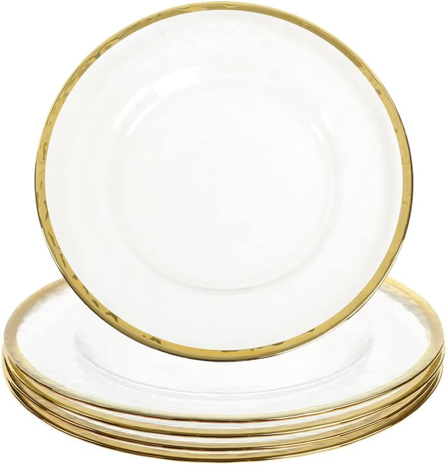 Koyal Wholesale Bulk Clear Glass Gold Rim Charger Plates, Set of 4, Glass Charger with Gold Rim, Glass Hammered Charger