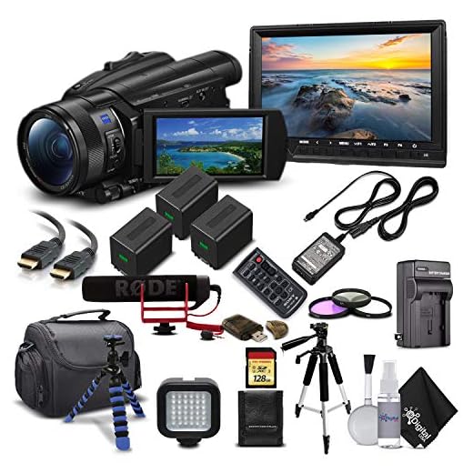 Sony Handycam FDR-AX700 4K HD Video Camera Camcorder + 2 Extra Batteries and Charger + 128GB Memory Card + Case + Mic + Monitor and More (International Model) - Professional Bundle