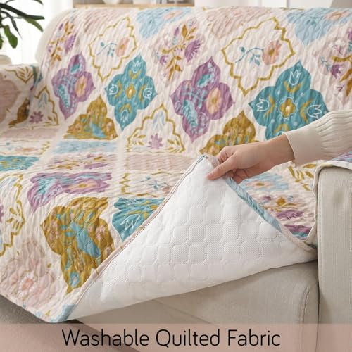 Image of Printed Quilted Sofa Mat for 5 Seater (3+1+1) - Floral Design Slipcover with Armrest, Pockets on Both Sides, Fully Covered Sofa Protector - Multicolor