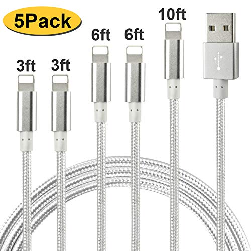 CUGUNU Nylon Braided Cable Compatible with iPhone Charger, 5 Pack[3/3/6/6/10FT] MFi Certified USB