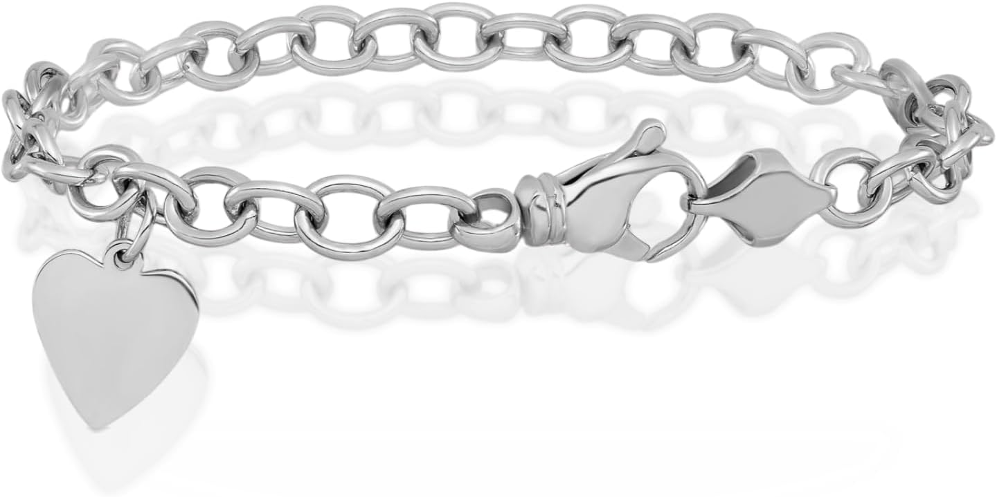 IceCarats 14K Solid White Gold 6mm Thick Rolo Chain Heart Charm Bracelet Polished, Engravable