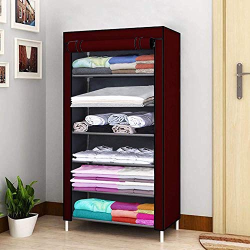 Image of Ebee Metal 6 Shelves Cloth Cabinet (Maroon)