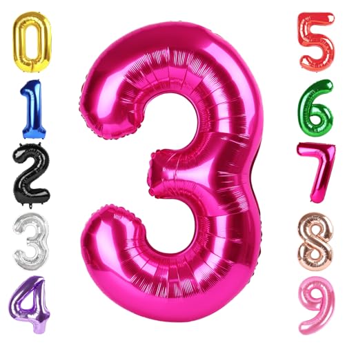 Image of 40 Inch Hot Pink Number 3 Balloon, 3rd Birthday Party Decorations | 40 Inch Hot Pink inflatable foil number balloons, large birthday decorations for 3rd birthday