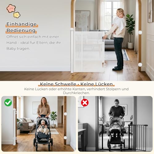 Ycozy Treppenschutzgitter Ohne Bohren 0-150cm Türschutzgitter Ausziehbar mit Stützstangen Treppenschutzrollo Einhändiges Öffnen Kinderschutzgitter Türgitter Baby Hunde Absperrgitter Treppengitter