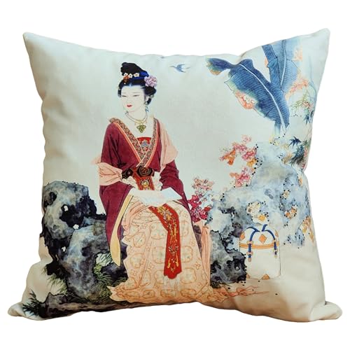 whooplaArt Traditional Chinese Beauty & Garden Throw Pillow Cover, 22"x22"