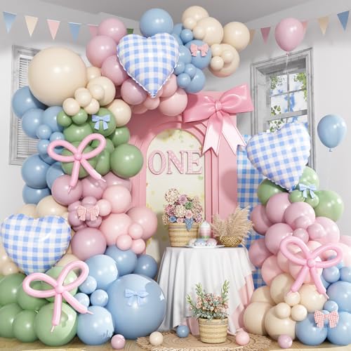 Kit arche de ballons rose pâle et vert sauge pastel bohème pour fête bébé en fleurs et fées