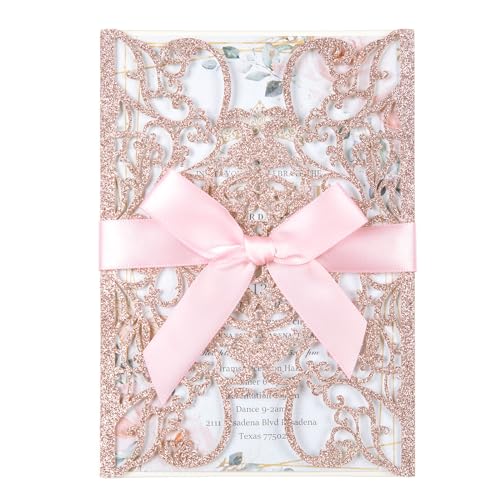 Maffily 50pcs Glitter Laser Cut Wedding Invitation Pockets Cards Pink Blank Personalized Quinceanera Invitations with Envelopes and Rsvp Cards for Bridal Shower Engagement Birthday Invite