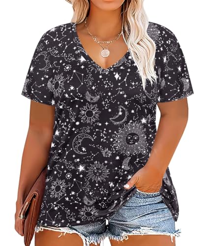 Image of RITERA Women Plus Size Tops Tie Dye V Neck Shirt Floral Camo Summer Short Sleeve Tunic Oversized Ladies Blouse XL-5XL