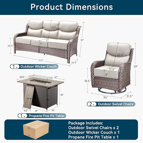 Luxury Patio Furniture Set with Fire Pit Table-4 Pieces High Back Wicker Swivel Rocker Chairs with 6" Extra Thick Cushions, Outdoor Patio Conversation Sets for Porch Deck Backyard(Brown/Beige) - Image 2