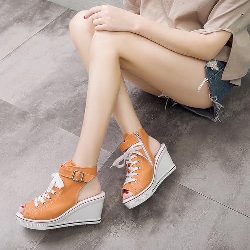 Image of OCHENTA Women's Peep Toe Wedge Sneakers Canvas Platform Shoes Side Zipper Lace up Buckle Fashion Sneakers Walking Shoes