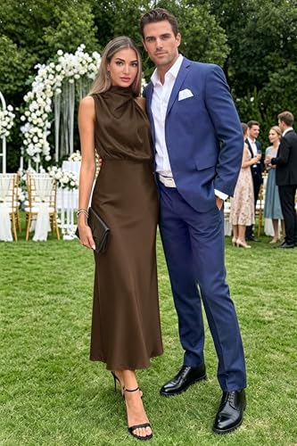 Image of Women's Satin Maxi Dress Summer Formal Wedding Guest Cocktail Dress | Mock Neck Sleeveless,Elegant Silk Midi Long Dress,High Neck,Halter,Aline,Bridesmaid,Bridal Shower Guest,Garden Party,Dinner