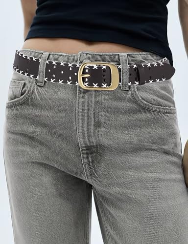 Western belt for cowboy cowgirl,Edge Stitched Brown Genuine Leather Belt with Vintage Buckle for Jeans and Pants4