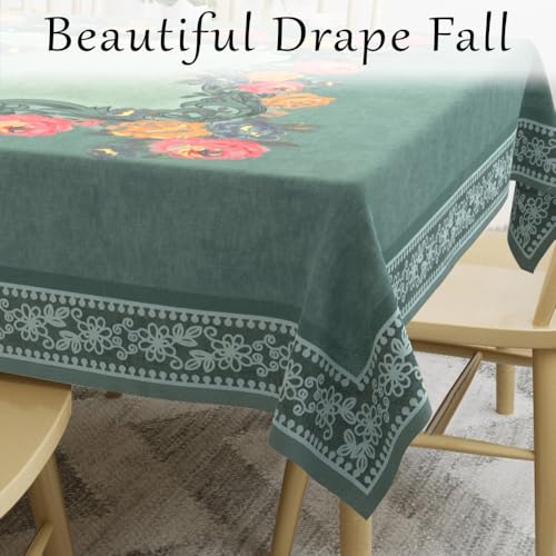 Image of Cloth Fusion Velvet Floral Dining Table Cloth 6 Seater, Dining Table Cover with Elegant Floral Pattern for Dining Room (60x90 Inch, Turquoise)