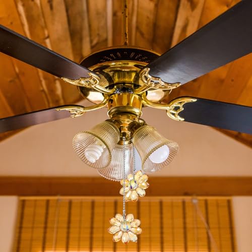 Image of Threehoney 4 Pieces Ceiling Fan Pull Chain Extender Light Pull Light Chain Extender Pack for Ceiling Fans Extension Pack Crystal Glass Flower Pendants with 22.8 Inch(Gold)