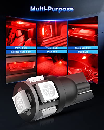Image of Marsauto 194 LED Light Bulbs Red,T10 168 2825 5SMD Replacement bulbs for License Plate Lights Lamp, Courtesy Dome Map Door Dashboard Instrument Lights, Super Bright Pack of 10