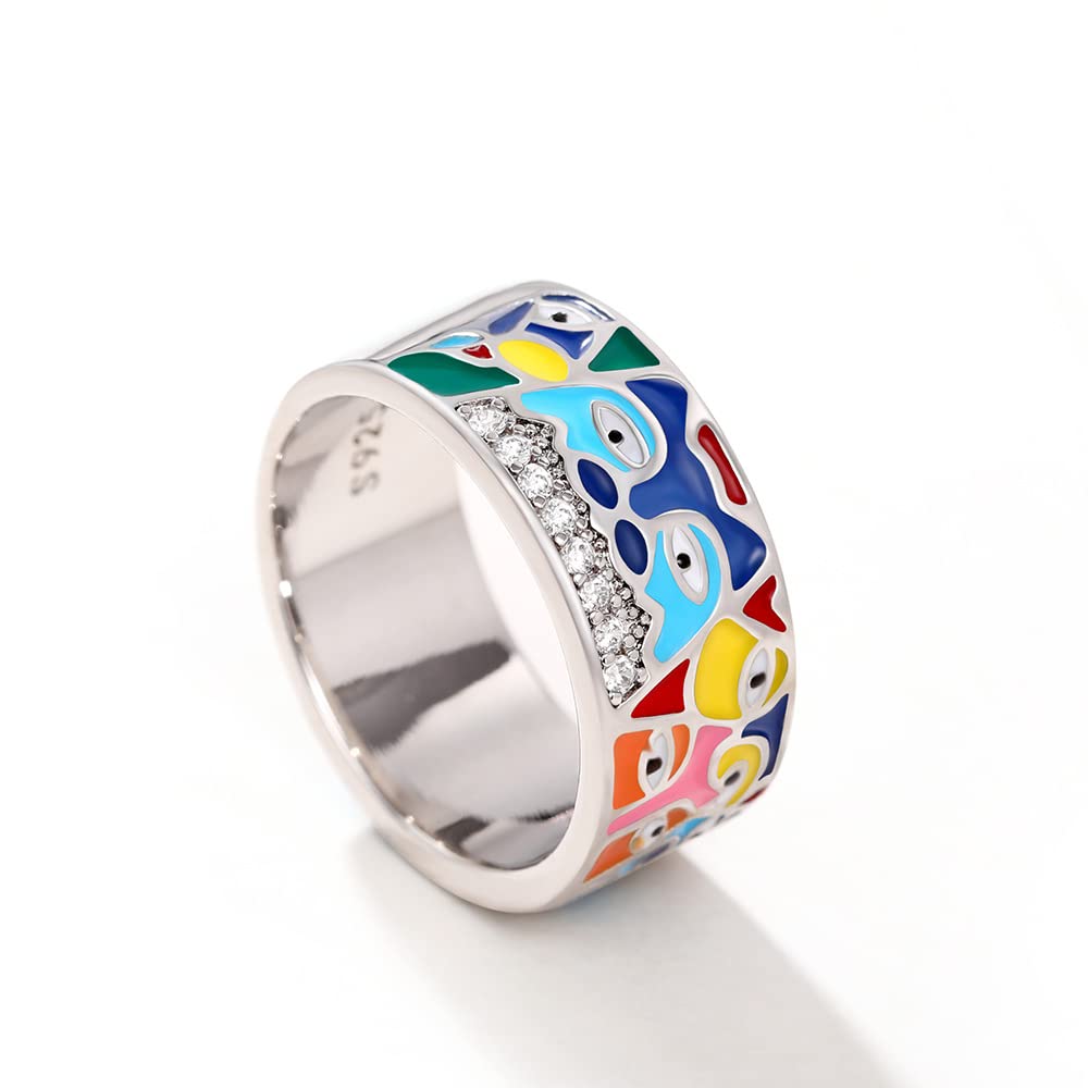 Fashion Evil Eye Ring for Women Her Colorful Enamel Chunky Statement Aesthetic Rings 925 Silver Blue Hamsa CZ Dainty Colorful Eyes Ojo Rings Lucky