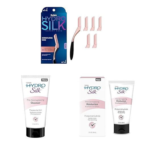 Schick Hydro Silk Paquete de dermaplaning con 1 limpiador pre dermaplaning, 1 maquinilla de afeitar dermaplaning con 6 recambios y 1 hidratante post