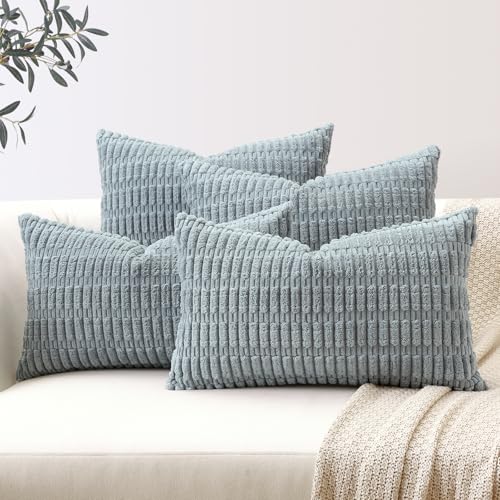 Sungeek Set of 4 Soft Corduroy Decorative Cushion Covers 40x60cm Lumbar Striped Throw Pillow Covers 16x24 Inch for Sofa Couch Living Room Patio Farmhouse Boho Home Decor Pillowcases (Grey)