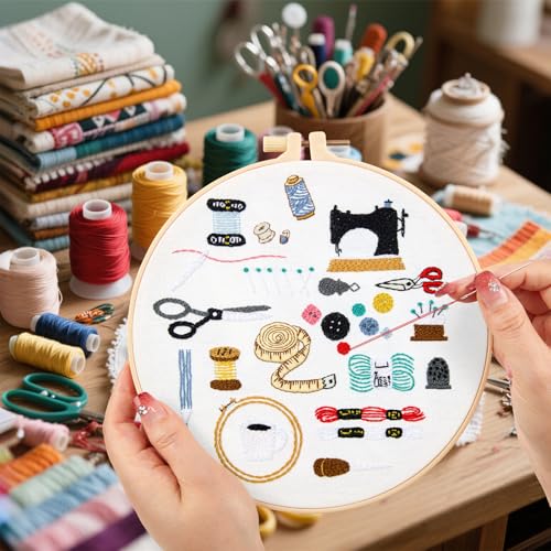 Image of Crafmanoe Hand Embroidery Kits for Beginners Adults, Crewel Embroidery DIY Kits, Stamped Cross Stitch Kits for Beginners Adults Craft Kits for Women, Entire Set of Embroidery Supplies & Video Tutorial