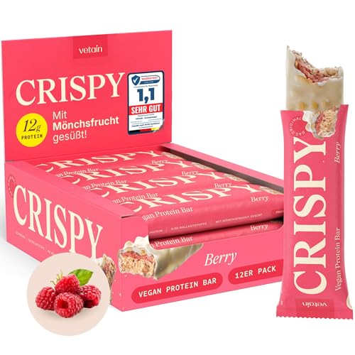 VETAIN Vegan Proteinriegel - Crispy Berry - 12g Protein pro Riegel - Mit Mönchsfrucht gesüßt - 100% natürliche Zutaten - Ohne Palmöl - Frei von Sucralose & Maltit - 12 x 55g