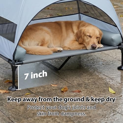 iweepet Upgraded 4 in1 Elevated Dog Cot with Removable Canopy & Bolster Pillows for Large & Extra Large Dog,Cooling Raised Outdoor Dog Bed with Breathable Teslin Mesh,Carry Bag for Camping, Backyard — view 5