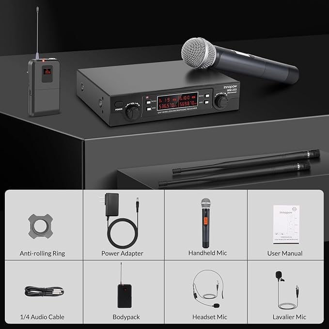 Image of innopow 200-Channel Wireless Microphones System, Wireless Lavalier Microphone, Dual UHF Bodypack Cordless Lavalier Mic System Set, Auto Scan, Long Range 200-240Ft, 16 Hours Ideal for Church (Black)