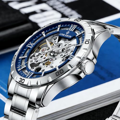 Image of Skeleton Automatic Mechanical Watch Mens Business Luxury Gift Steel Band | Stainless Steel Waterproof Male Golden Wristwatch Luminous Markers & Hands Hardlex Mirror Butterfly Double Button