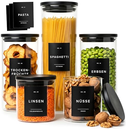 EDELHAUS Vorratsgläser mit Deckel Schwarz (5er Set) Vorratsdosen Glas mit Deckel & 54 Etiketten Voratsbehälter Set Küchen Organizer für Mehl Zucker Nudeln Kaffee Tee und mehr