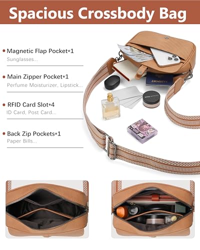 Image of Crossbody Bags for Women,Multi-Pocket Leather Crossbody Purse | RFID Blocking Pockets,Fits iPad,Adjustable Wide Strap,Quilted Exterior,8 Card Slots,Gift Ready