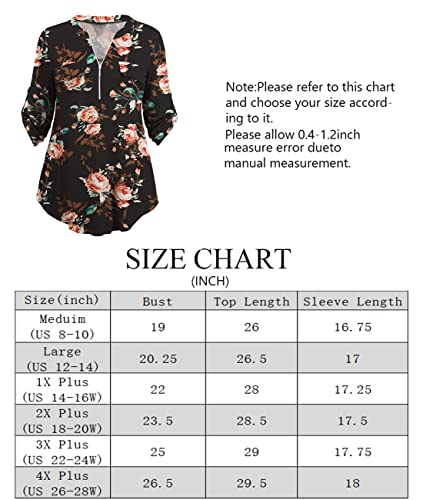 A.jesdani Women's Plus Size Tops Zip Front V-Neck 3/4 Sleeve Tunic Casual Top Black 3X #TOP3