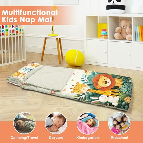 Schlafsack Kinder Doppelter Reißverschluss Weich Warm, Faltbare Kinderschlafsack mit Kissen Abnehmbar für Mädchen Jungen, Leicht Reinigen Schlafsack für Outdoor Indoor Camping, 150×60cm Cartoon-Tiere