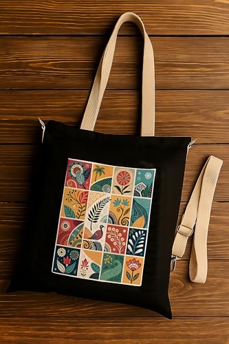 Image of ZORI Black Sling Tote Bag With Pocket and with Beige Straps, Tote Bags For Women large capacity,Tote bag For Shopping, College, Travel, More Canvas Handbag For Unisex